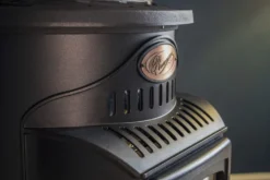 Provence 3kw Portable Gas Heater In Gloss Black -Vago Camping Shop provence lifestyle matt black badge close up img 3017 1